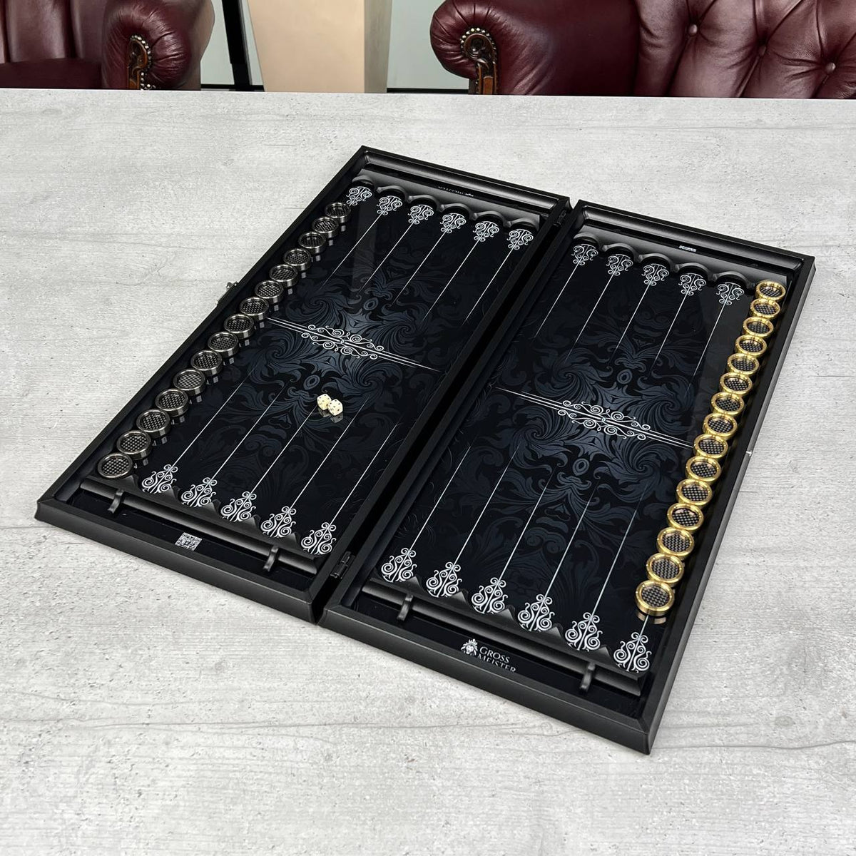 Black Abstract Glass Backgammon Set with Premium Metal Checkers – Large 24”