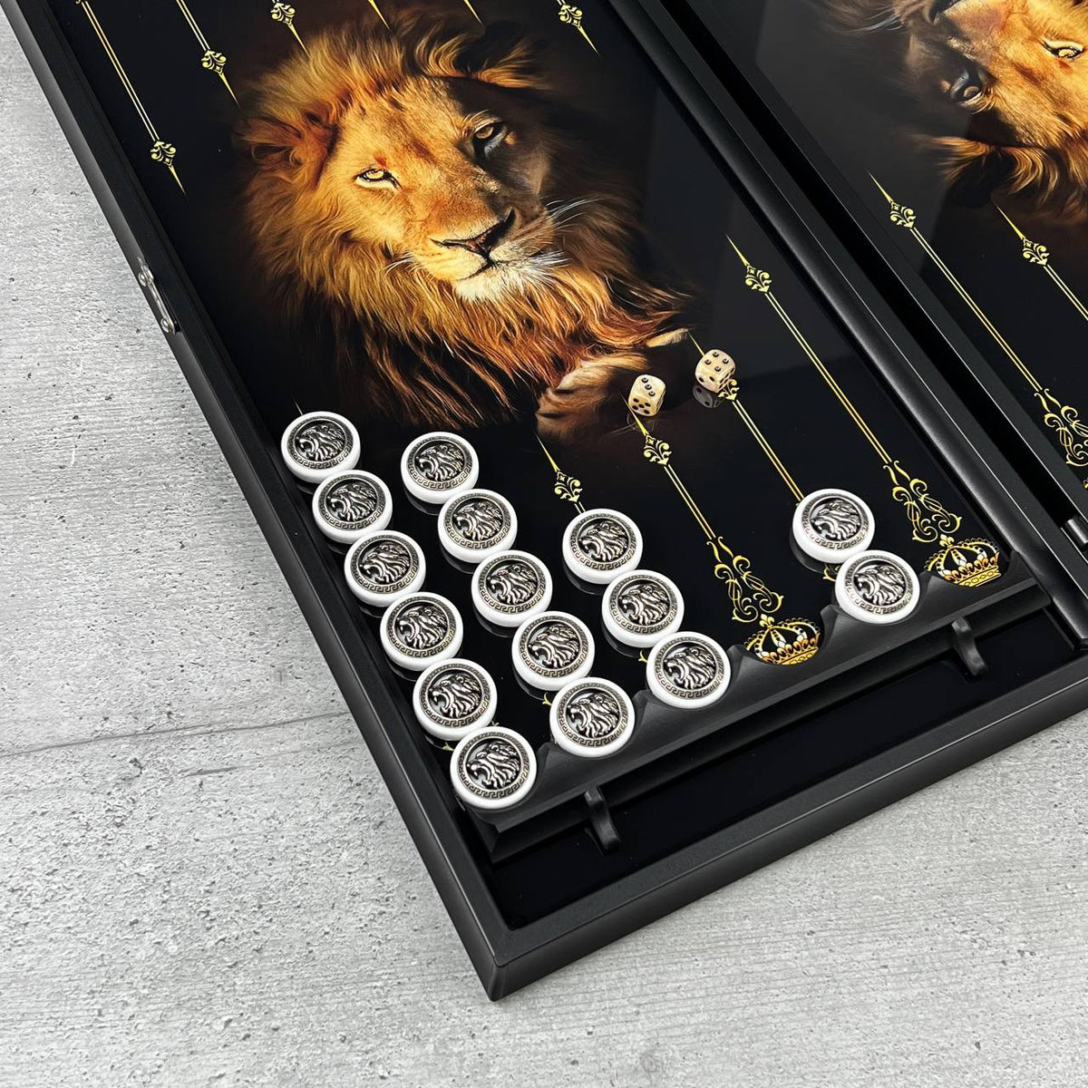 Grey Lion Glass Backgammon Set with Stone Checkers – Large 24”