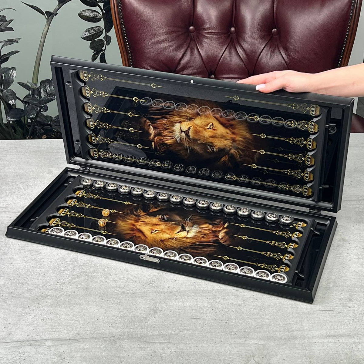 Grey Lion Glass Backgammon Set with Stone Checkers – Large 24”