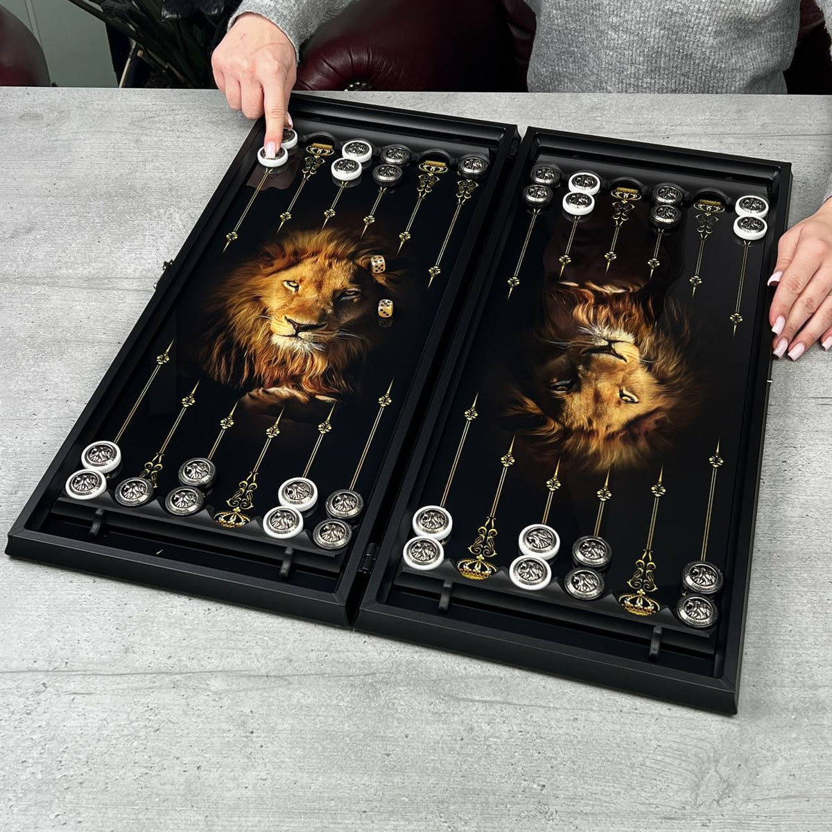 Grey Lion Glass Backgammon Set with Stone Checkers – Large 24”