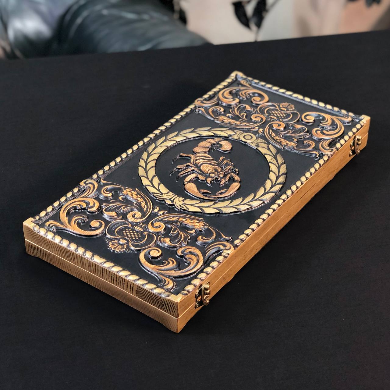 Luxury Wooden Backgammon with Carved Scorpion
