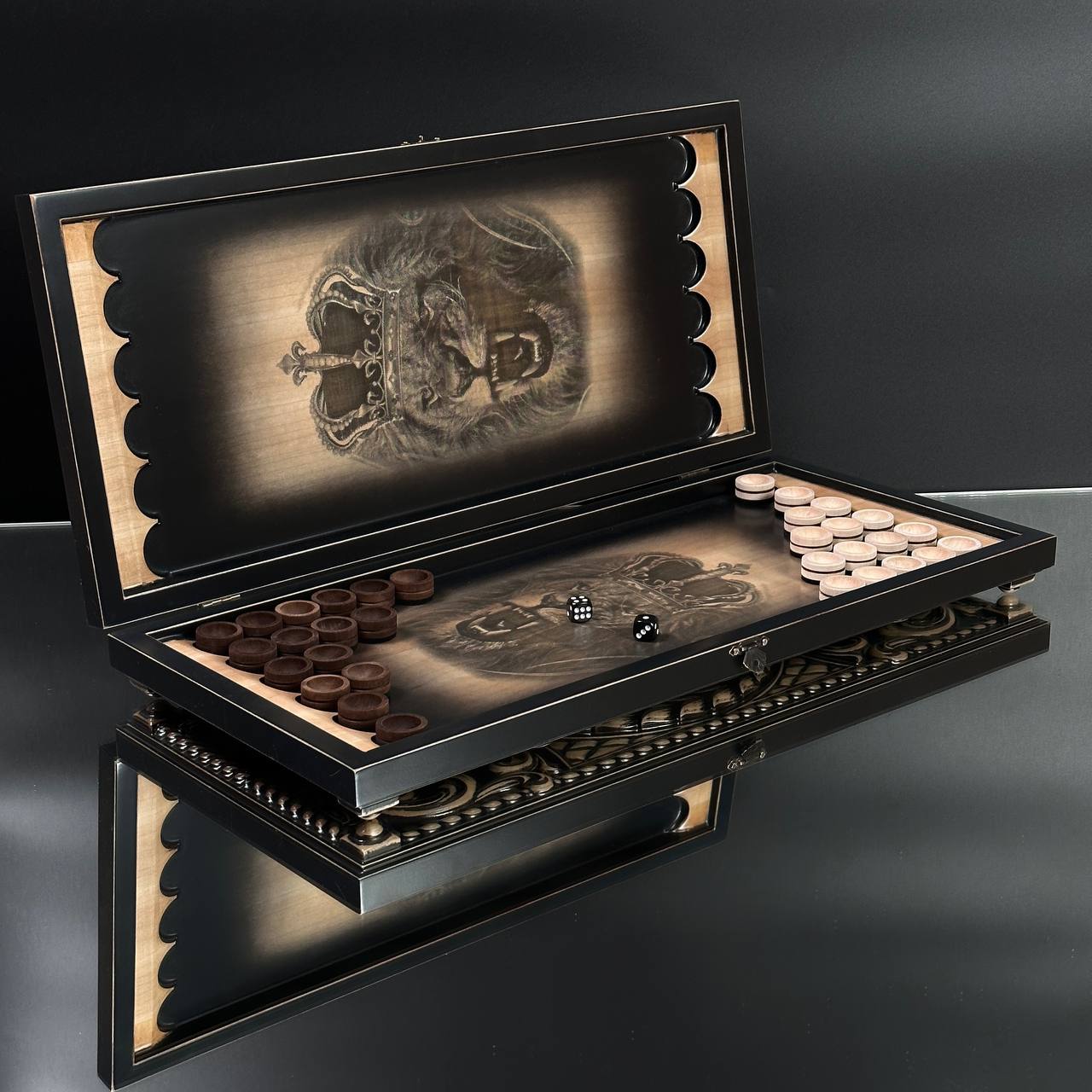 Wooden Backgammon "Lion" Set - 50*23mm, Luxury Ash Wood, Carved Design, Gift-Ready