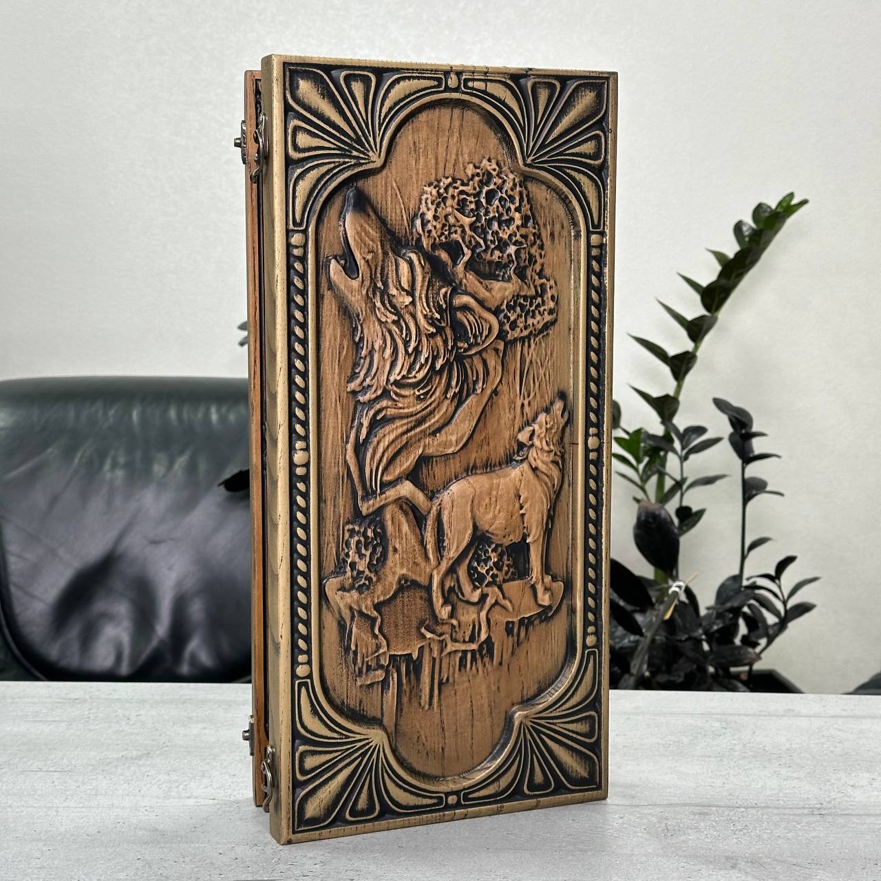 Wooden backgammon board game set "Wolf", Gift-ready and Customized.