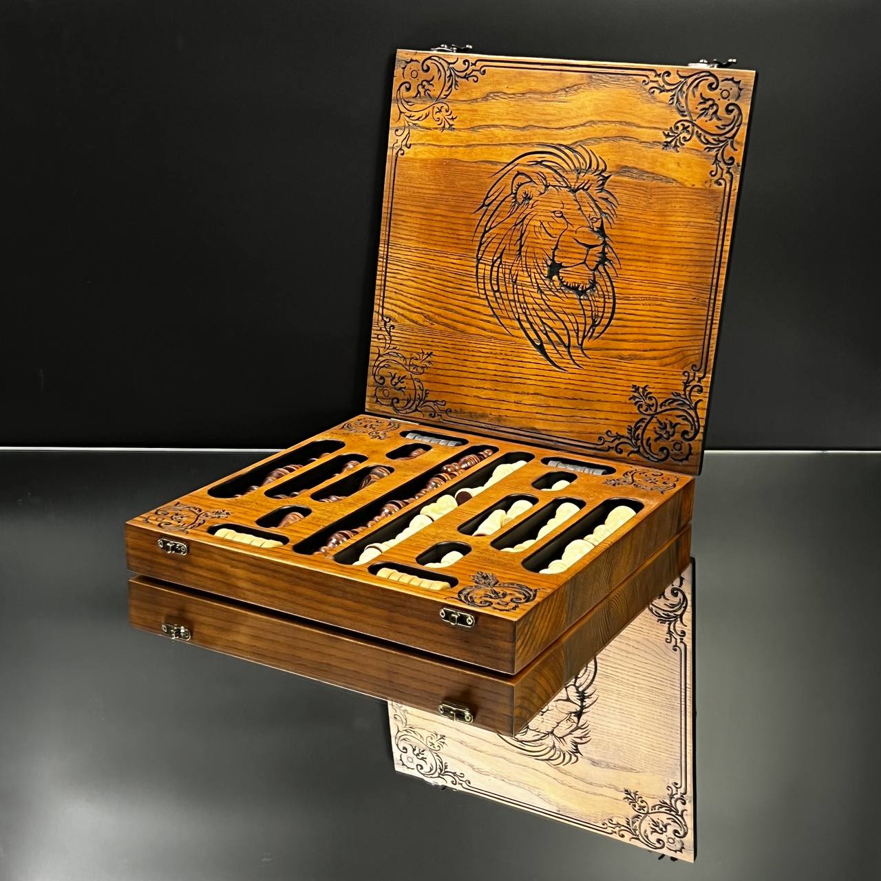 Lion Wooden Chess Set with Checkers – Handcrafted Oak – 13"