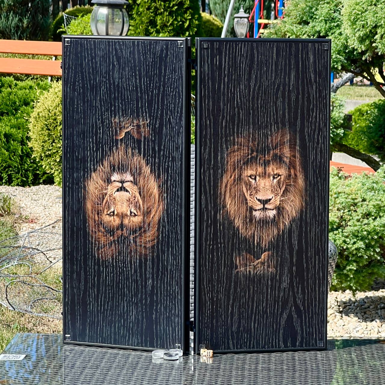 Lion Wooden Backgammon Set – Oak & Aluminum, Large 24"