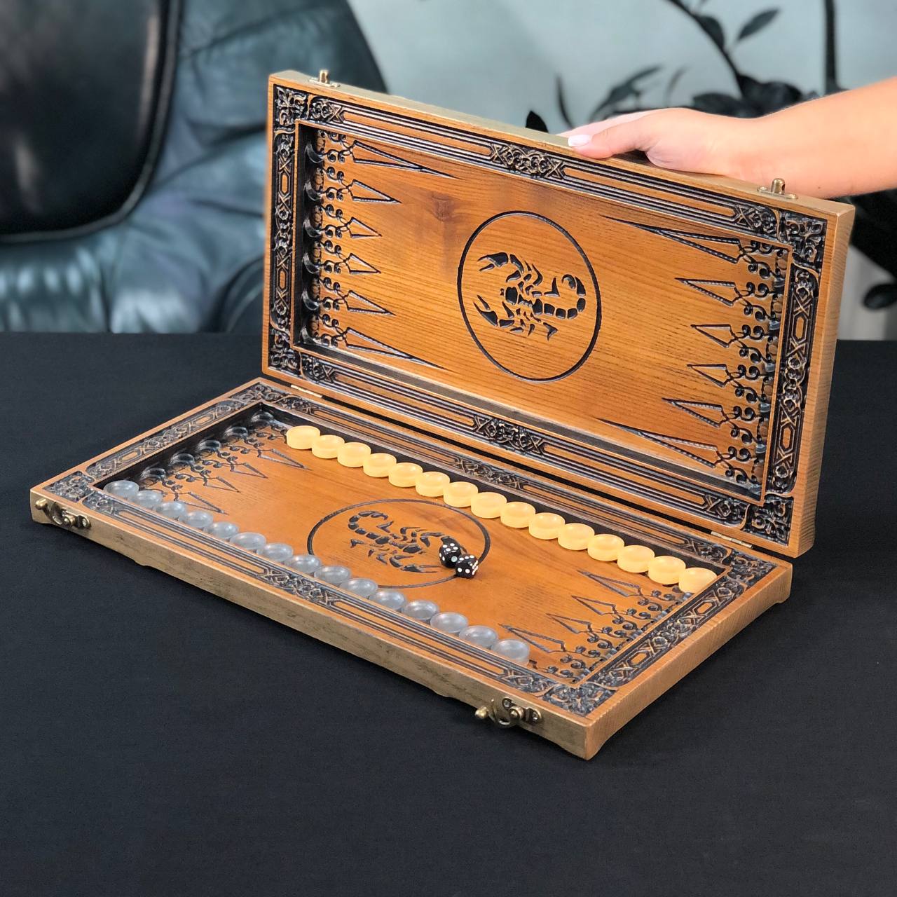 Luxury Wooden Backgammon with Carved Scorpion