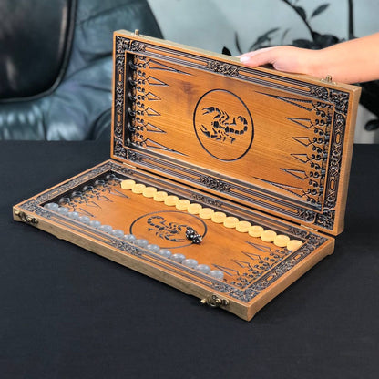Luxury Wooden Backgammon with Carved Scorpion