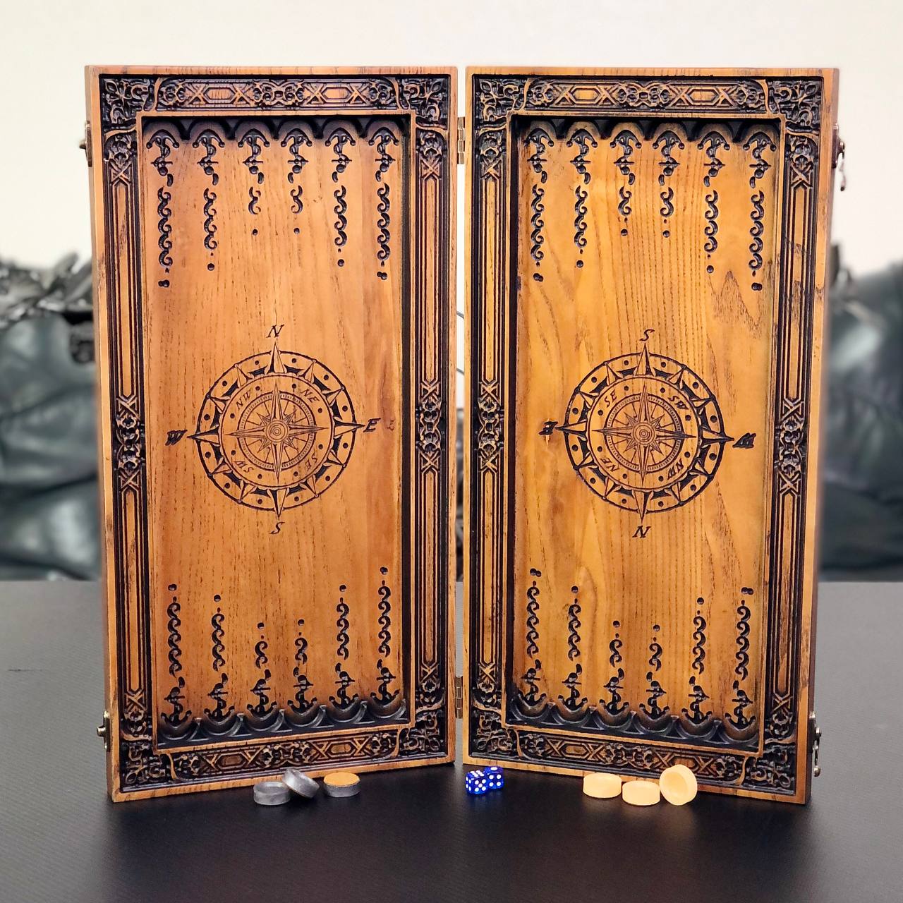 Exclusive Wooden Backgammon "The Compass". Customize and Gift-ready