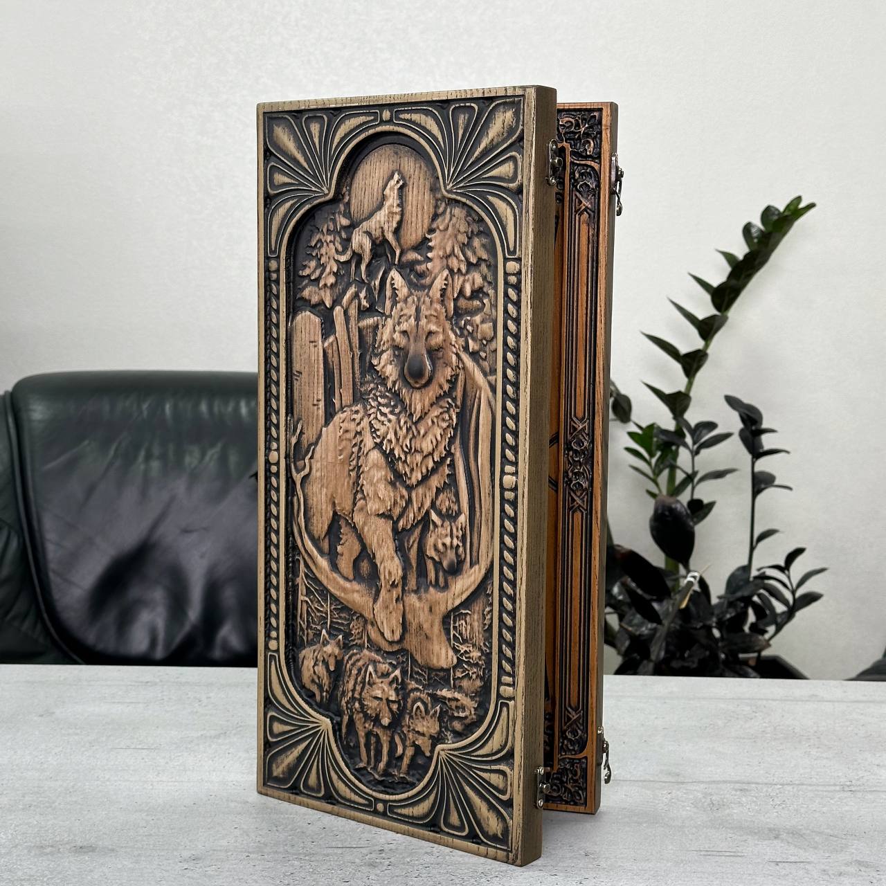 Wooden backgammon board game set "Wolf", Gift-ready and Customized.