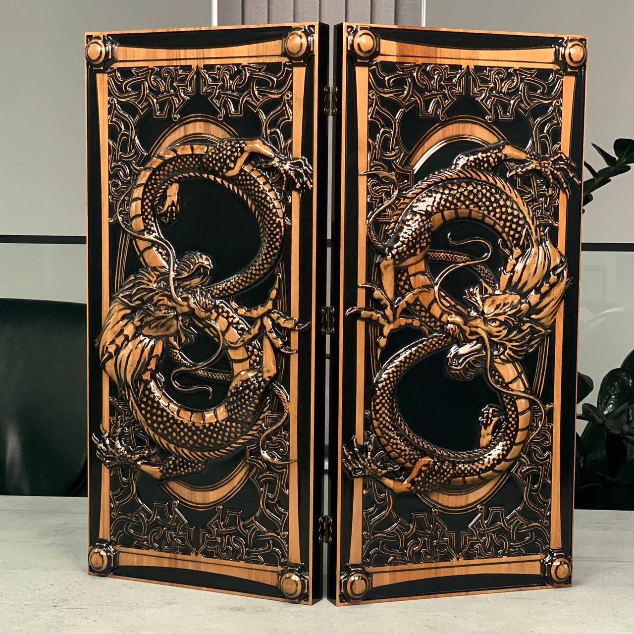Wooden backgammon board game set "Dragon" Gift-ready