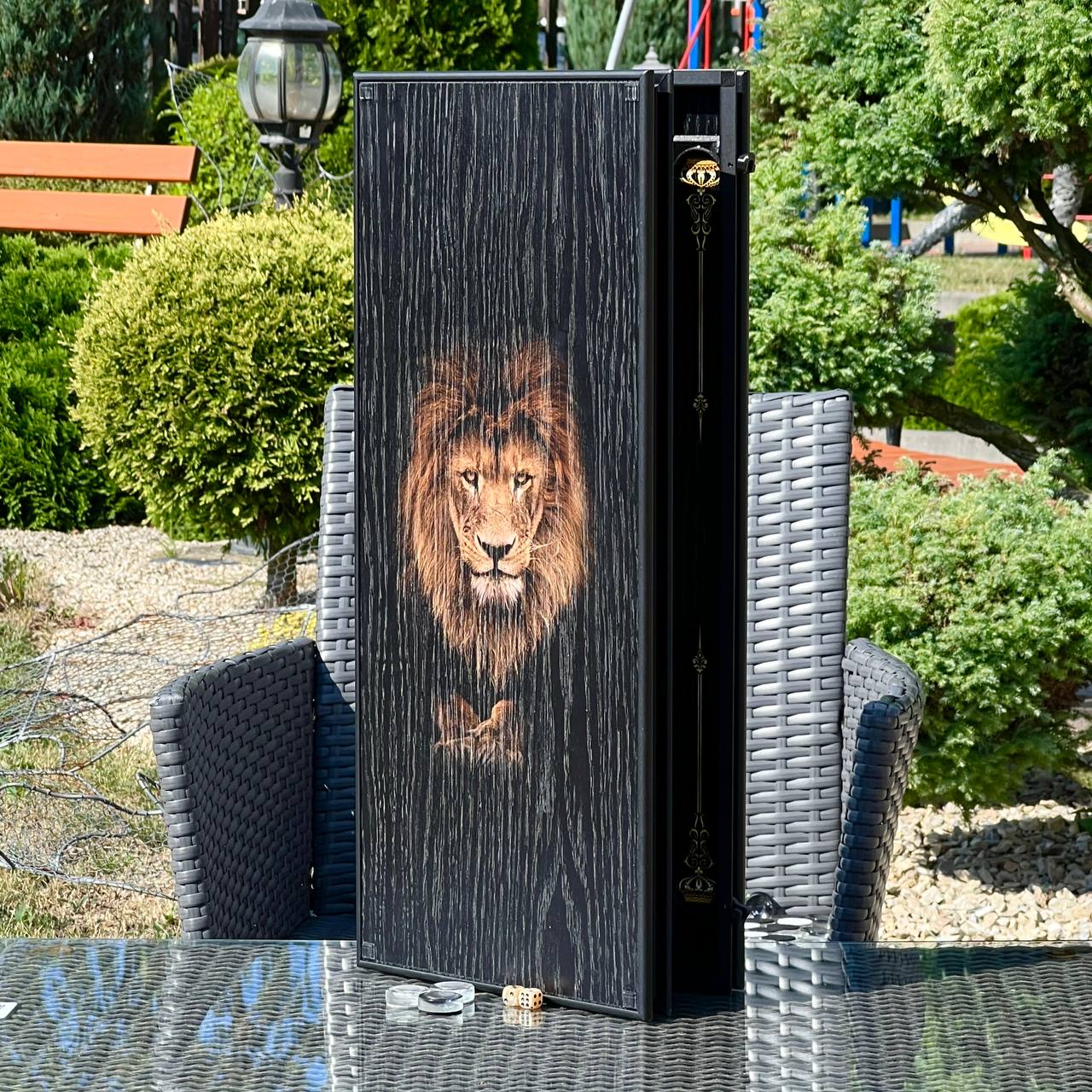 Lion Wooden Backgammon Set – Oak & Aluminum, Large 24"