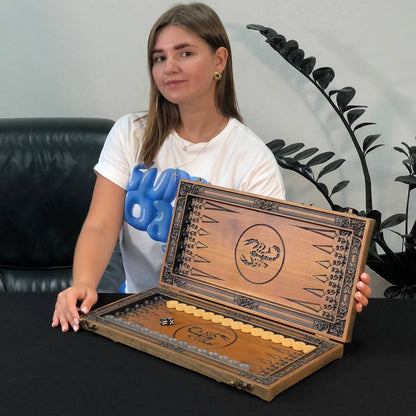 Luxury Wooden Backgammon with Carved Scorpion