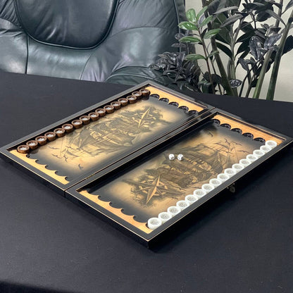 Handgefertigtes Holz-Backgammon „Löwe“ mit Epoxidharz-Chips – Klein, elegant, individuell anpassbar. Geschenkfertig