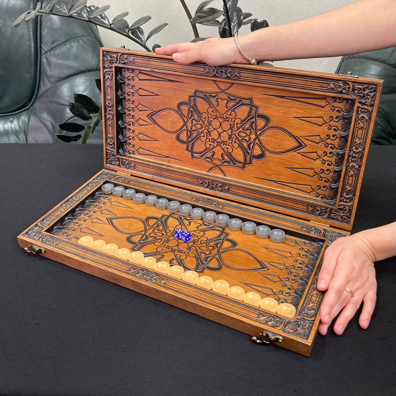 Wooden backgammon board game set "King Lion" Gift-ready