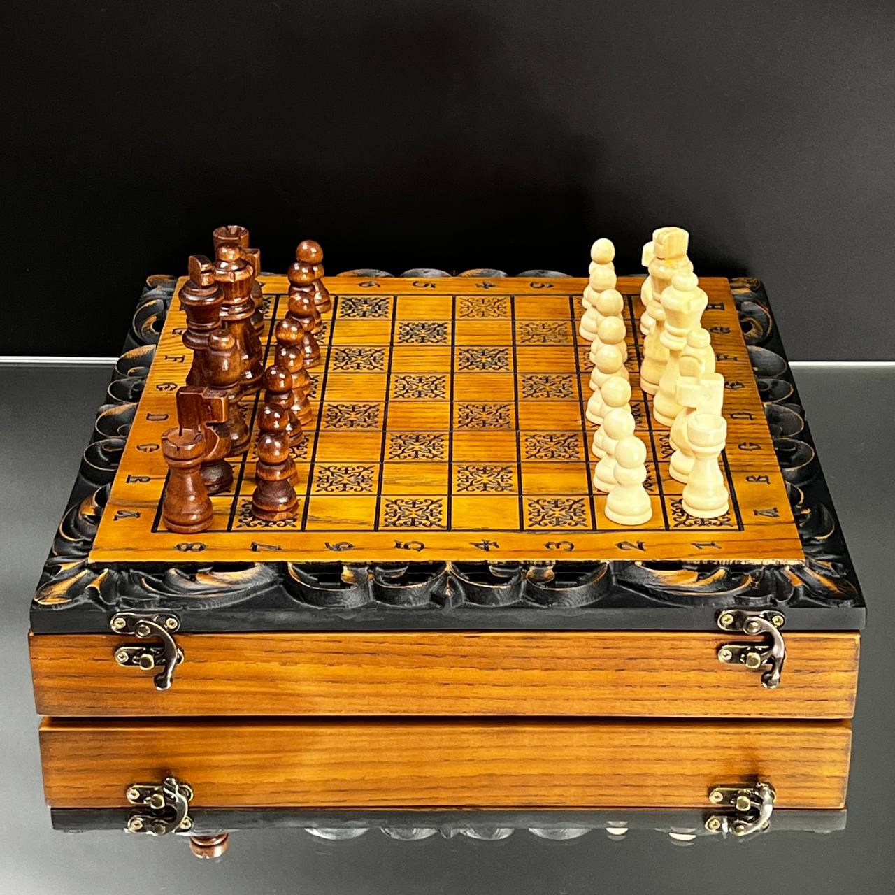 Lion Wooden Chess Set with Checkers – Handcrafted Oak – 13"