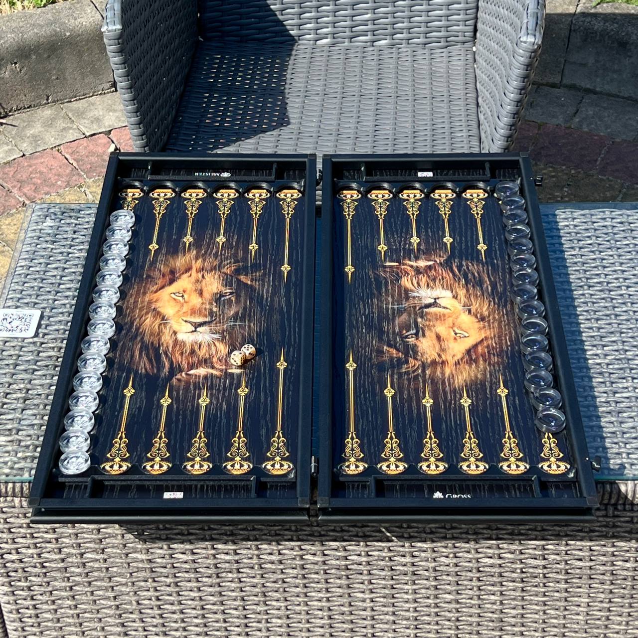 Lion Wooden Backgammon Set – Oak & Aluminum, Large 24"