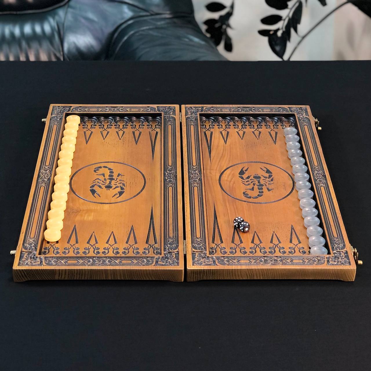 Luxury Wooden Backgammon with Carved Scorpion