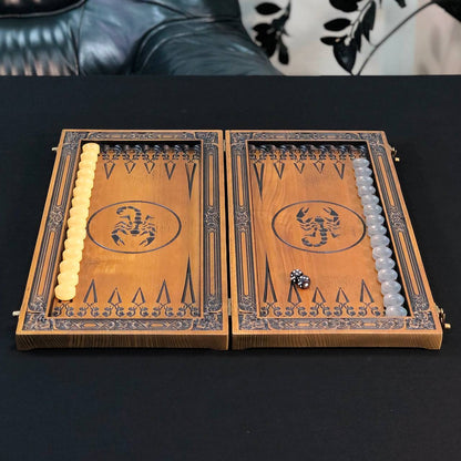 Luxury Wooden Backgammon with Carved Scorpion