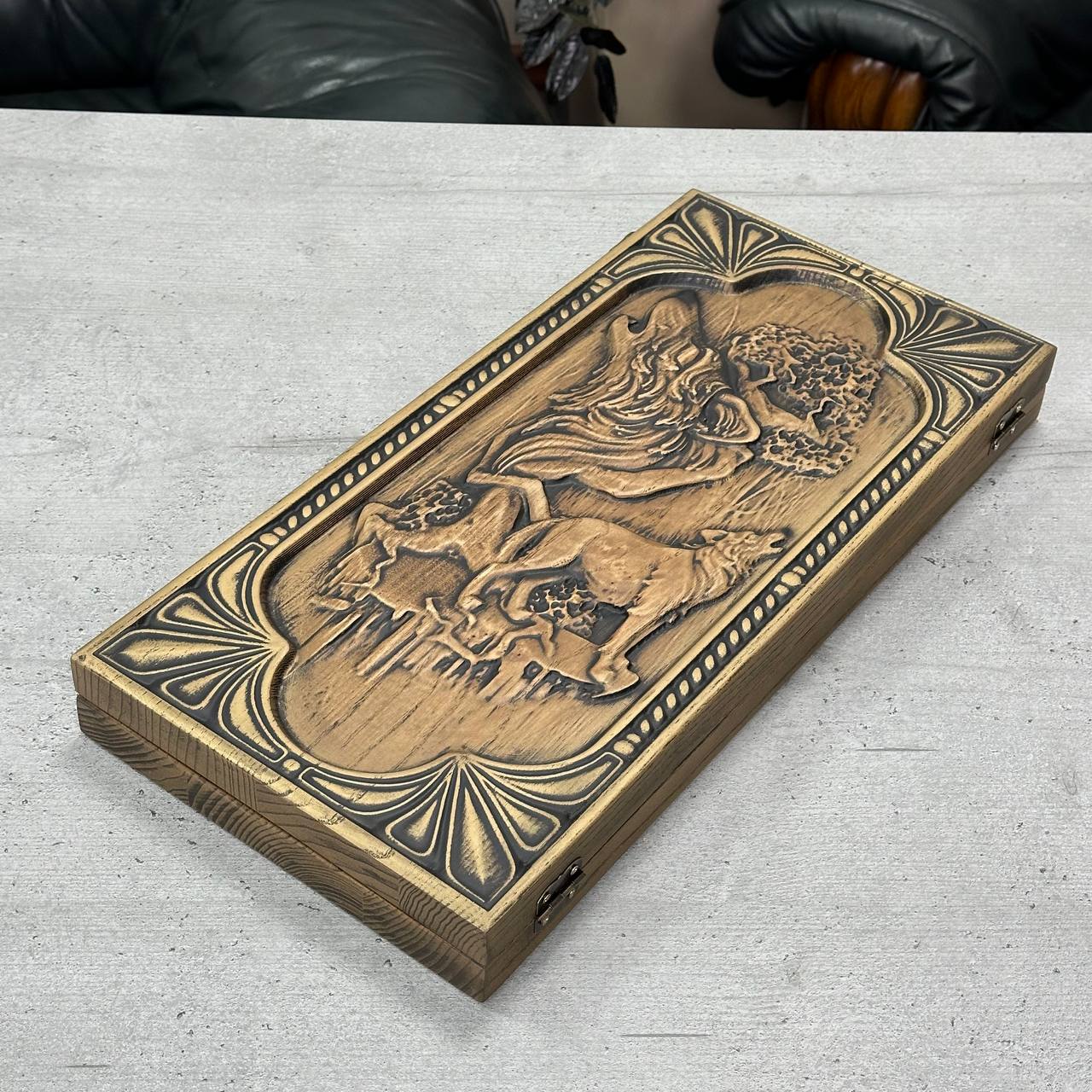 Wooden backgammon board game set "Wolf", Gift-ready and Customized.