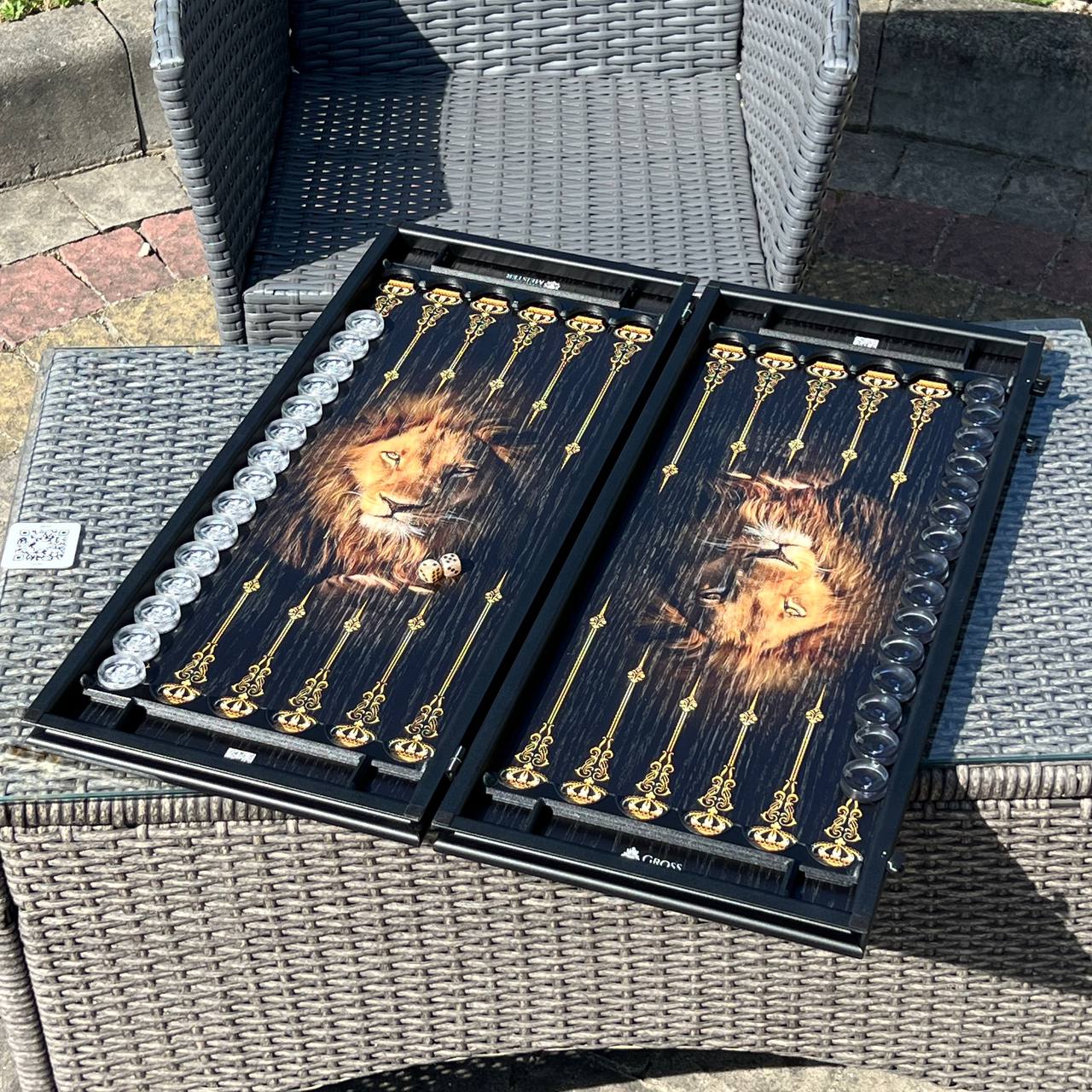 Lion Wooden Backgammon Set – Oak & Aluminum, Large 24"