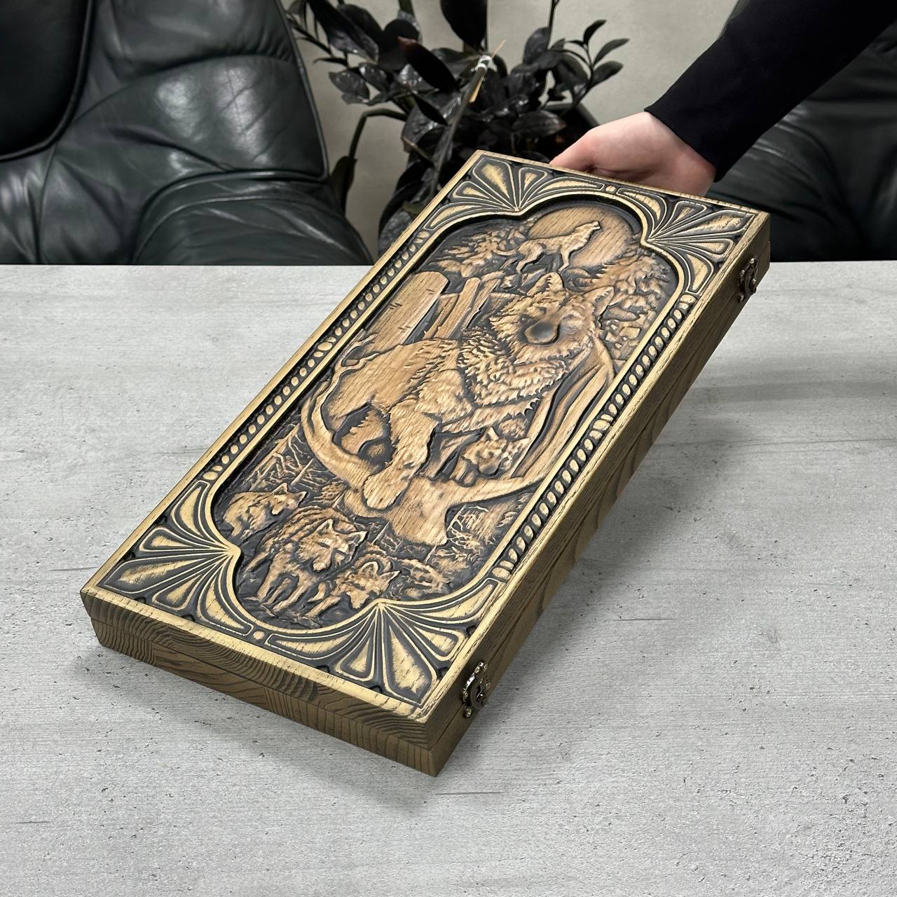 Wooden backgammon board game set "Wolf", Gift-ready and Customized.