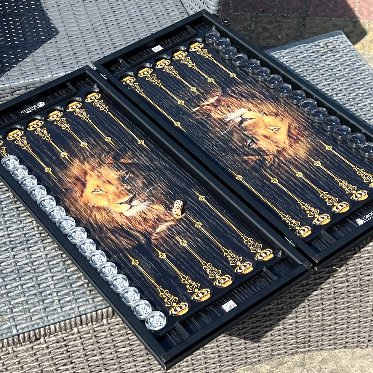 Lion Wooden Backgammon Set – Oak & Aluminum, Large 24"