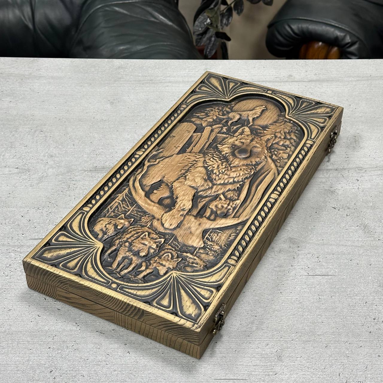 Wooden backgammon board game set "Wolf", Gift-ready and Customized.