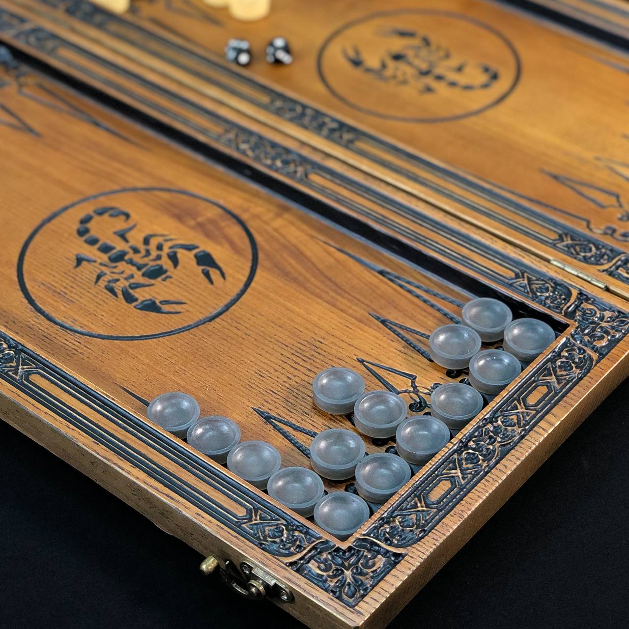 Luxury Wooden Backgammon with Carved Scorpion