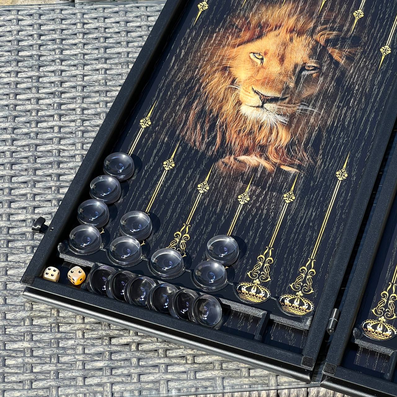 Lion Wooden Backgammon Set – Oak & Aluminum, Large 24"