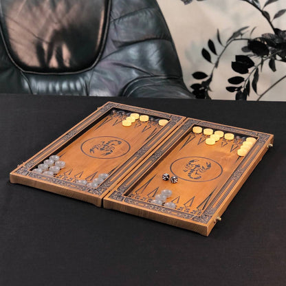 Luxury Wooden Backgammon with Carved Scorpion