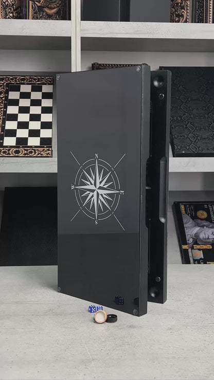 Luxury Glass&Wood Tempered Glass Backgammon Set — Wind Rose Compass Edition (19.7")