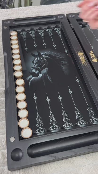 Handcrafted Glass&Wood Backgammon Set – Majestic Black Stallion Edition
