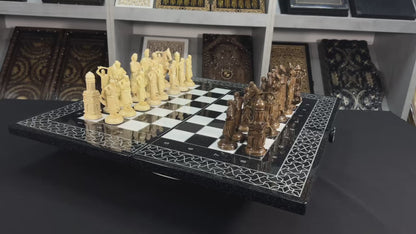 Luxury White&Black Acrylic stone Chess set 3-in-1 Game board. Wooden chess figures. Gift-ready.