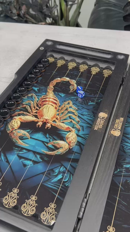 Luxury Glass&Wood Backgammon Set — Golden Scorpion Edition (19.7")  — Gift for Him