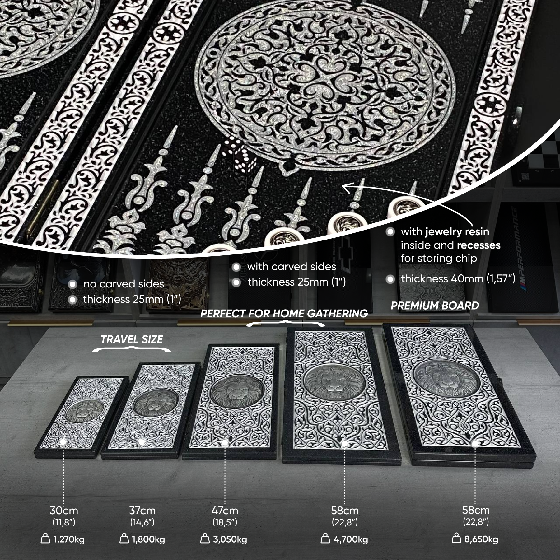 Luxury black acrylic stone backgammon MINI "Silver Lion" 30*15cm Travel size, Light version, stone board Gift-ready