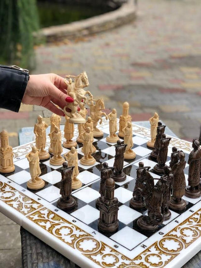 Luxury white acrylic stone chess set, chess board made of stone, limited, backgammon set, marble chess set