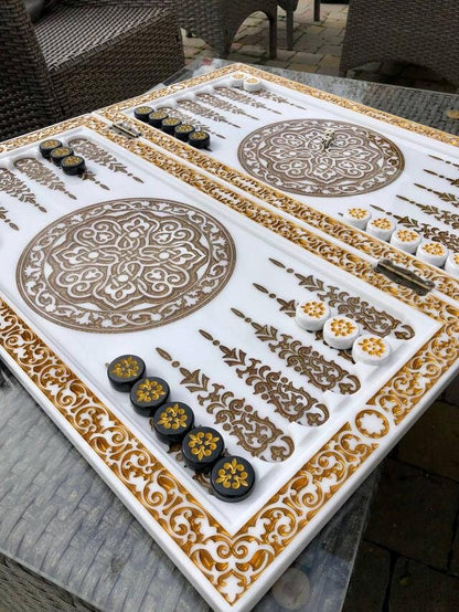 Luxury white acrylic stone chess set, chess board made of stone, limited, backgammon set, marble chess set