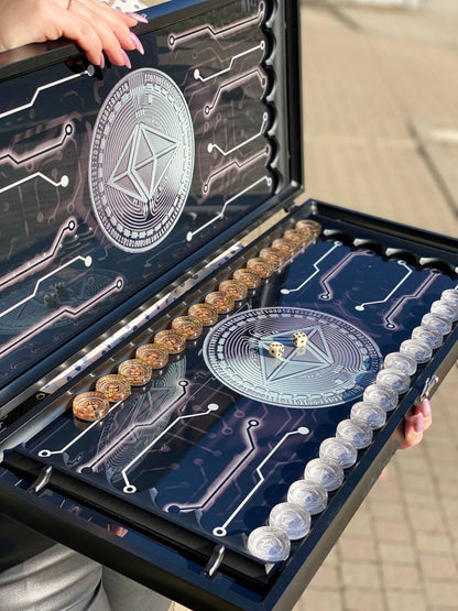 Backgammon en verre "Bitcoin", plateau de backgammon, cadeau pour le patron