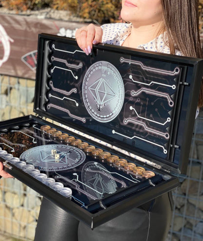 Backgammon en verre "Bitcoin", plateau de backgammon, cadeau pour le patron